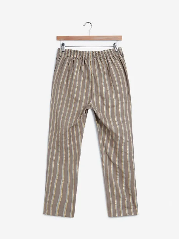 Utsa Grey Striped Cropped Ethnic Pants Elegant Palazzo Trousers