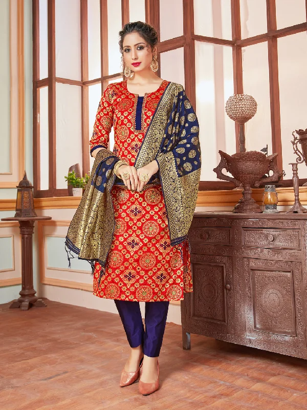 Red Banarasi Silk Pant Suit With Wevon Design Comfortable Wide-Leg Pants