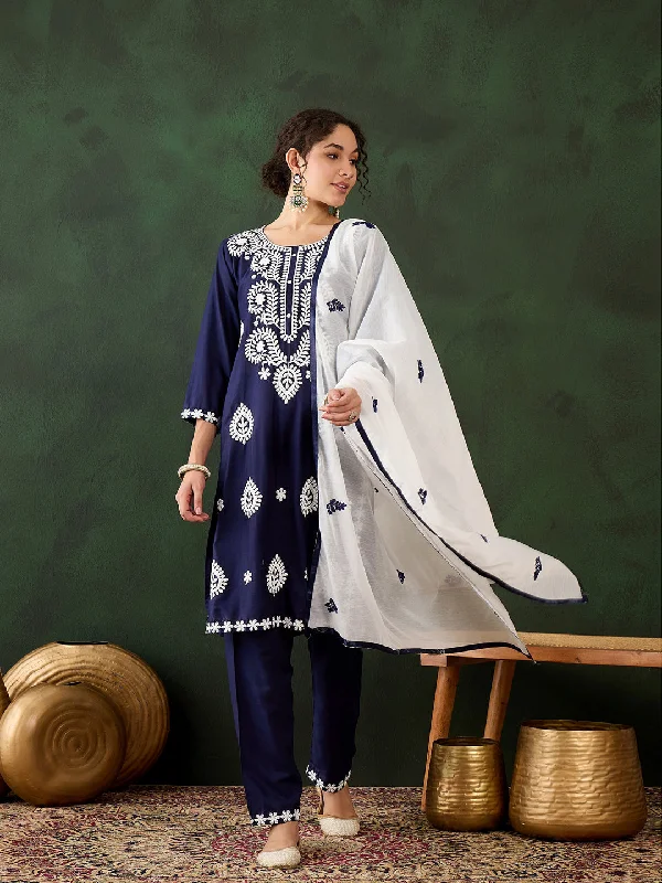 Blue Designer Readymade Pant Suit With Chikankari Embroidery Work Stretch Fit Pants