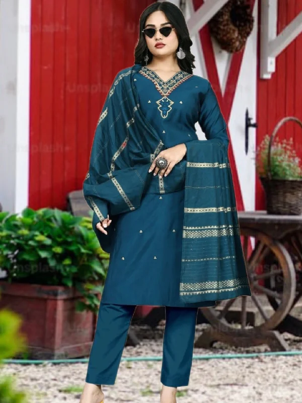Teal Heavy Roman Silk Trendy Readymade Pant Suit With Printed Embroidery Work Formal Slim Pants Teal Heavy Roman Silk Trendy Readymade Pant Suit With Printed Embroidery Work Formal Slim Pants