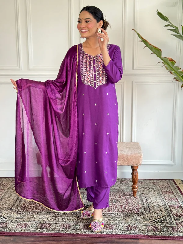 Purple Trendy Designer Readymade Pant Suit With Embroidery Work Stylish Elastic Waist Pants Purple Trendy Designer Readymade Pant Suit With Embroidery Work Stylish Elastic Waist Pants