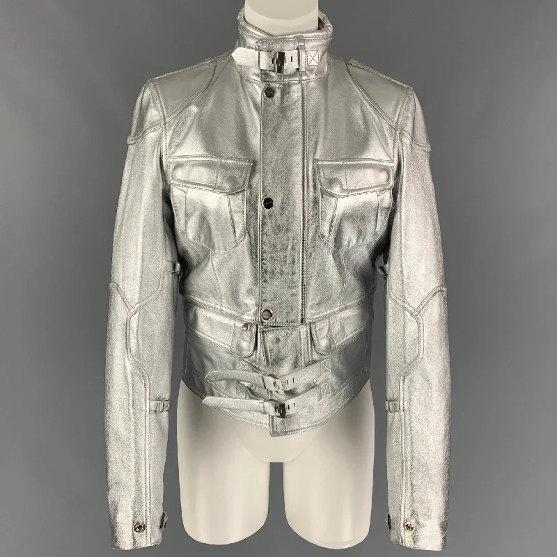 RALPH LAUREN Black Label Size M Silver Leather Metallic Lambskin Jacket Quilted Jacket Puffer Jacket Insulated Jacket RALPH LAUREN Black Label Size M Silver Leather Metallic Lambskin Jacket Quilted Jacket Puffer Jacket Insulated Jacket