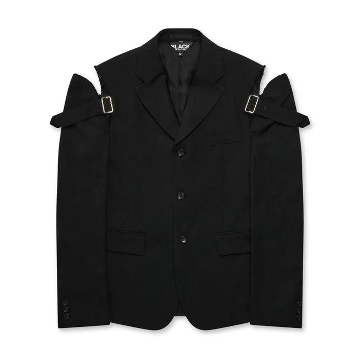 BLACK Comme Des Garçons Shoulder Buckle Detail Jacket (Black) A-Line Jacket Boat Neck Shawl Collar
