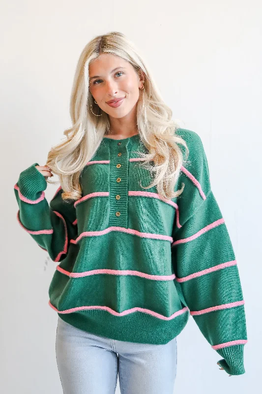 Memorably Stylish Hunter Green Striped Sweater Ribbed Striped Patterned