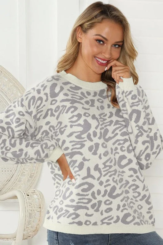 Leopard Print Sweater - Gray Herringbone Houndstooth Plaid