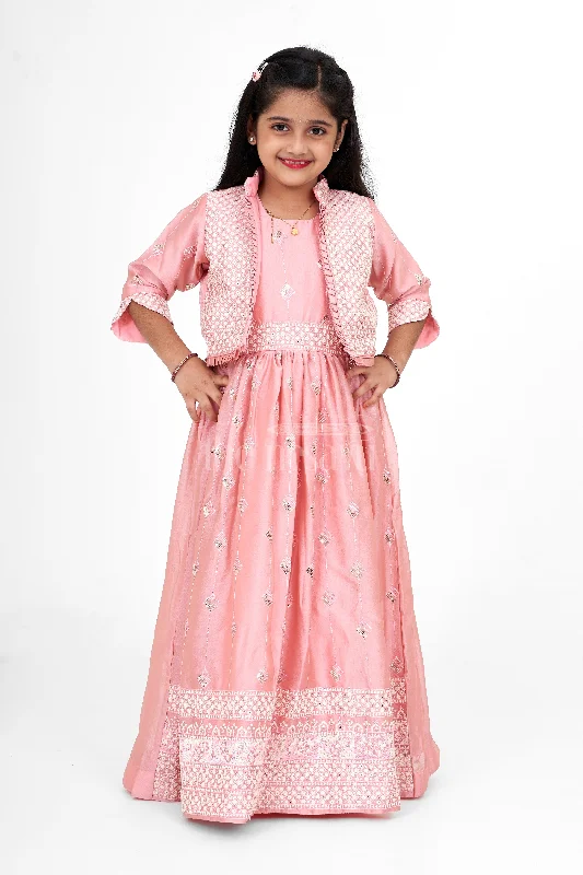 Western Party Gown for Girls in Elegant Peach Organza with Embroidered Jacket Knit Fabric Woven Fabric Fleece Fabric Western Party Gown for Girls in Elegant Peach Organza with Embroidered Jacket Knit Fabric Woven Fabric Fleece Fabric