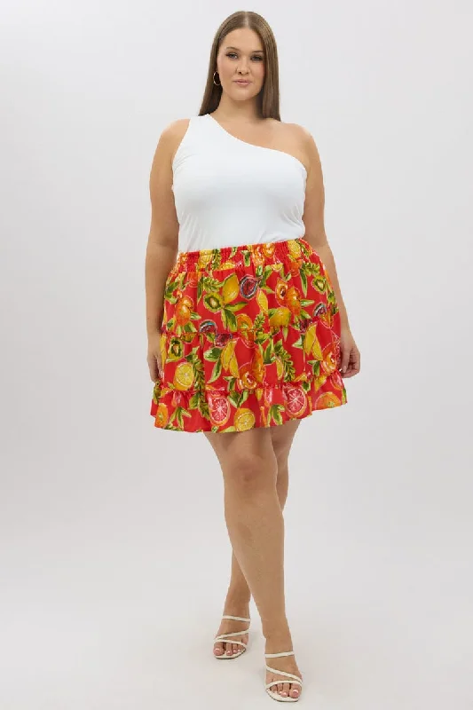 Red Abstract Holiday Fruit Print Mini Skirt denim skirt durable