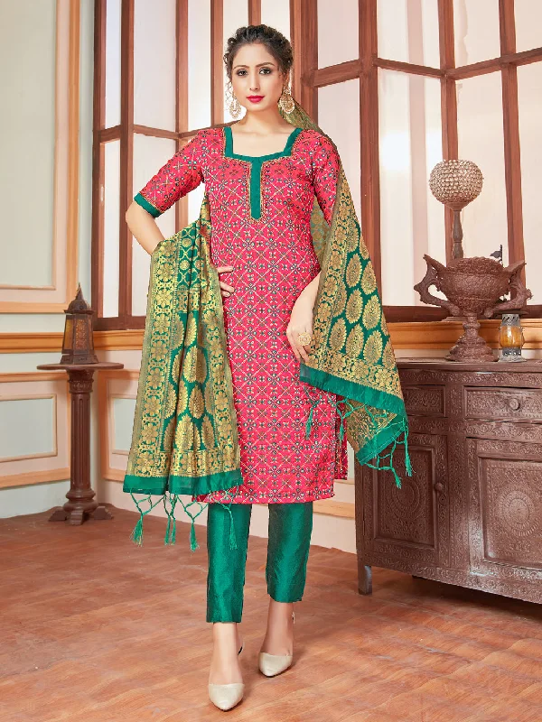 Pink Banarasi Silk Pant Suit With Wevon Design Relaxed Lounge Trousers