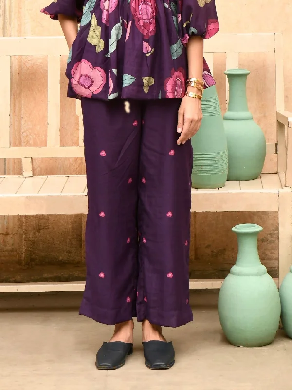 Russian Violet Silk High-Waist Straight Pants Soft Stretch Trousers