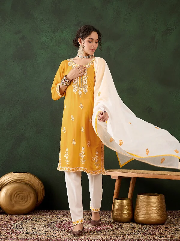 Yellow Attractive Looking Pant Suit With Designer Chikankari Embroidery Work Comfy Cargo Trousers Yellow Attractive Looking Pant Suit With Designer Chikankari Embroidery Work Comfy Cargo Trousers
