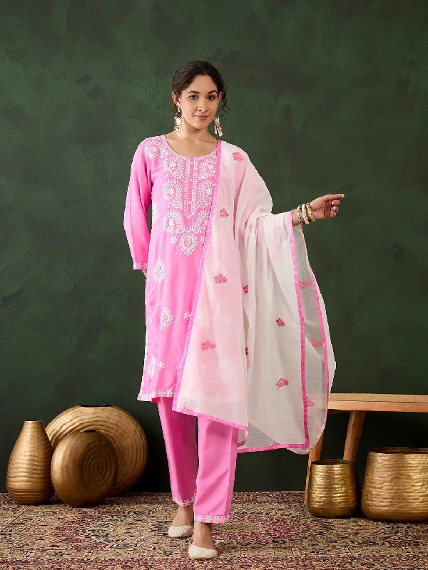 Pink Designer Readymade Pant Suit With Chikankari Embroidery Work Casual Sweatpants Style Pink Designer Readymade Pant Suit With Chikankari Embroidery Work Casual Sweatpants Style