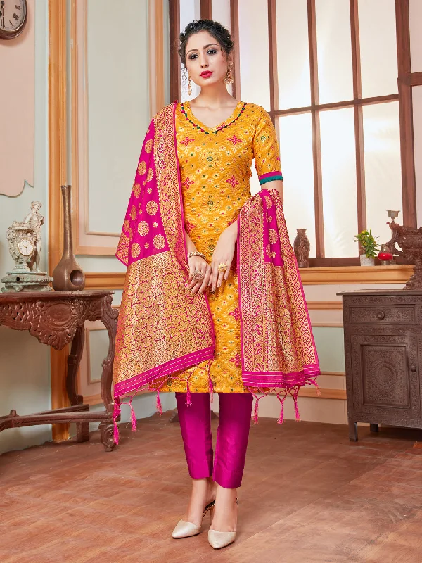 Yellow Banarasi Silk Pant Suit With Wevon Design Fashionable Work Pants