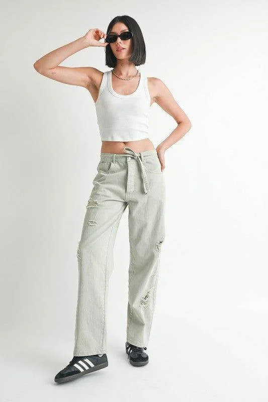 Distressed Wide Leg Pants Lightweight Linen Pants