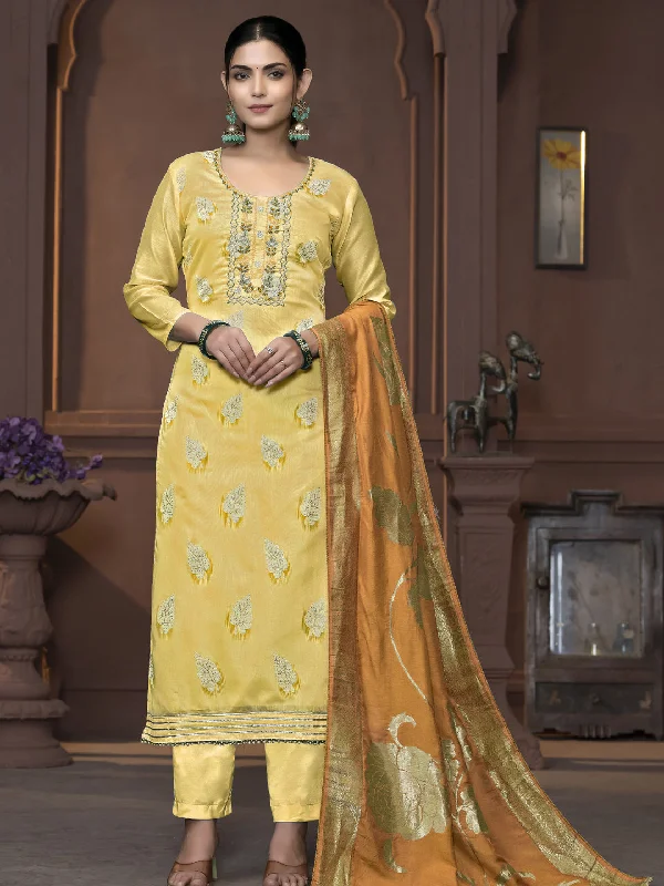 Yellow Designer Readymade Pant Suit With Wevon Design Hand Work Soft Wool Pants