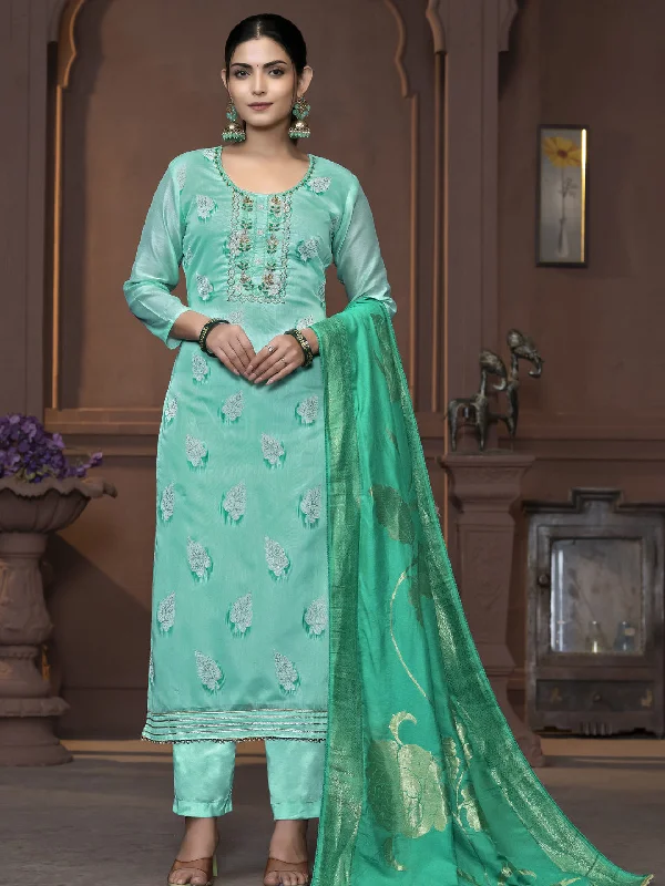 Sea Green Designer Readymade Pant Suit With Wevon Design Hand Work Fashionable Sporty Pants Sea Green Designer Readymade Pant Suit With Wevon Design Hand Work Fashionable Sporty Pants
