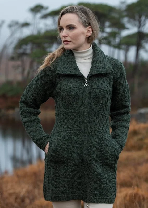 Double Collar Aran Sweater Coat | Green Iron Safe Non-Iron Wrinkle Free