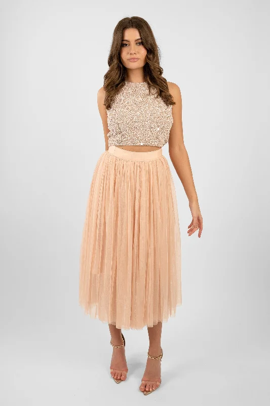 Cleo Nude Tulle Midi Skirt linen skirt airy