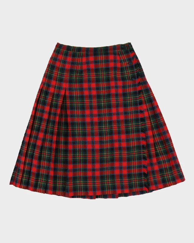 1990s Red Checked Wool Kilt Style Wrap Skirt - M asymmetrical skirt cut