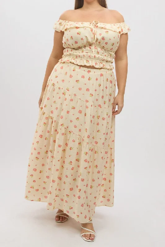 Pink Floral Tiered Maxi Skirt modal blend skirt