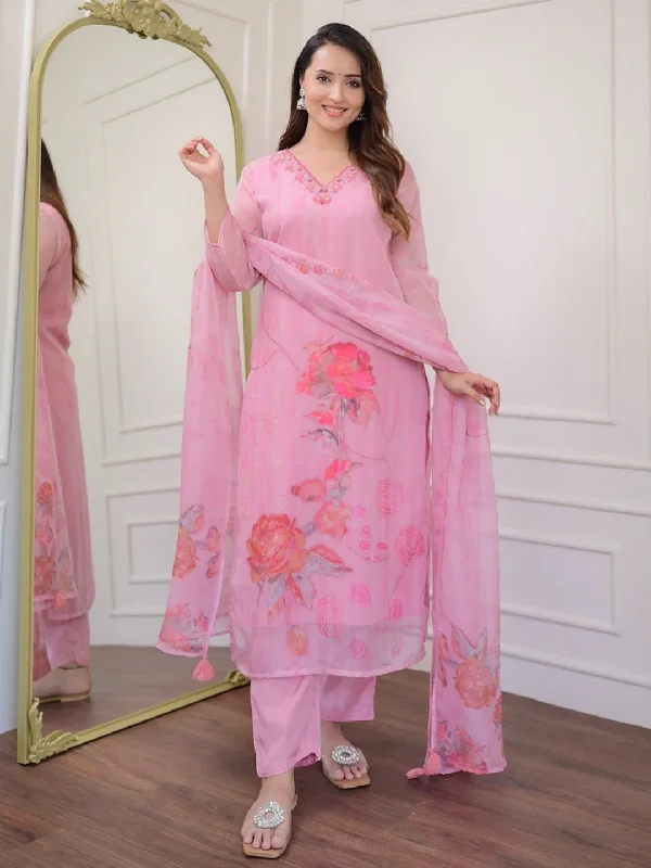 Pink Designer Readymade Pant Suit With Printed Embroidery Work Trendy Wide-Leg Pants Pink Designer Readymade Pant Suit With Printed Embroidery Work Trendy Wide-Leg Pants