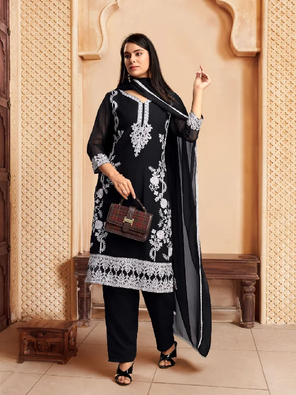 Black Designer Readymade Pant Suit With Lacknowi Chikankari Embroidery Work Relaxed Fit Trousers Black Designer Readymade Pant Suit With Lacknowi Chikankari Embroidery Work Relaxed Fit Trousers