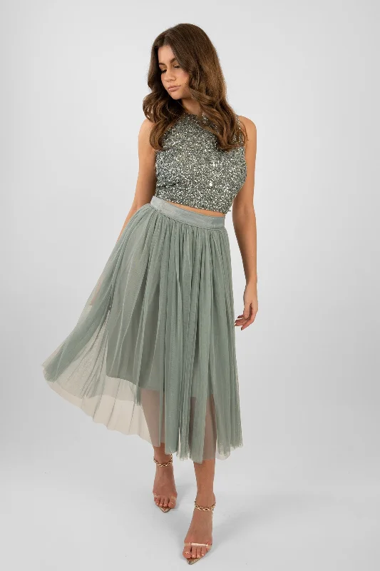 Cleo Teal Tulle Midi Skirt leather skirt durable