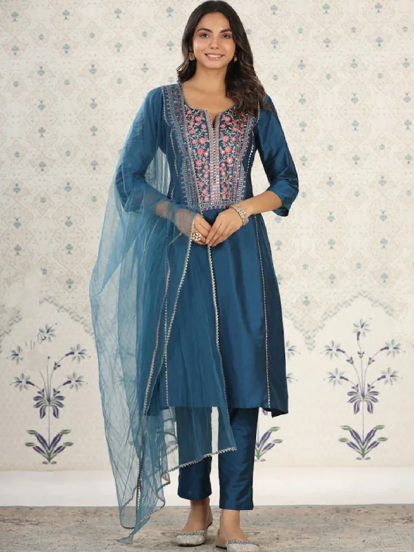 Teal Attractive Designer Readymade Pant Suit With Embroidery Work Soft Cotton Pants