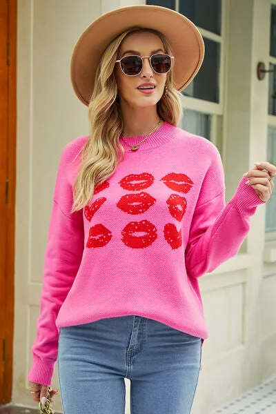 Contrast Lip Pattern Round Neck Slit Sweater Handmade Hand-knitted Hand-woven