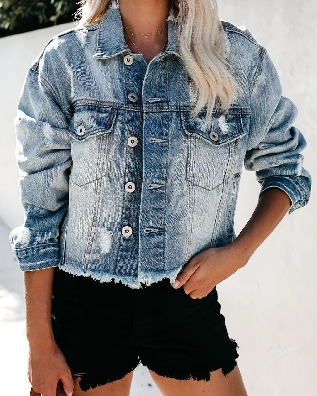 Women Casual Long Sleeve Cropped Slim Single-Breasted Denim Jacket Tailored Jacket Straight Jacket A-Line Jacket