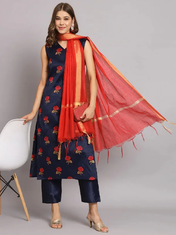 Navy Blue Trendy Designer Readymade Pant Suit With Embroidery Work Chic Slim Fit Pants Navy Blue Trendy Designer Readymade Pant Suit With Embroidery Work Chic Slim Fit Pants