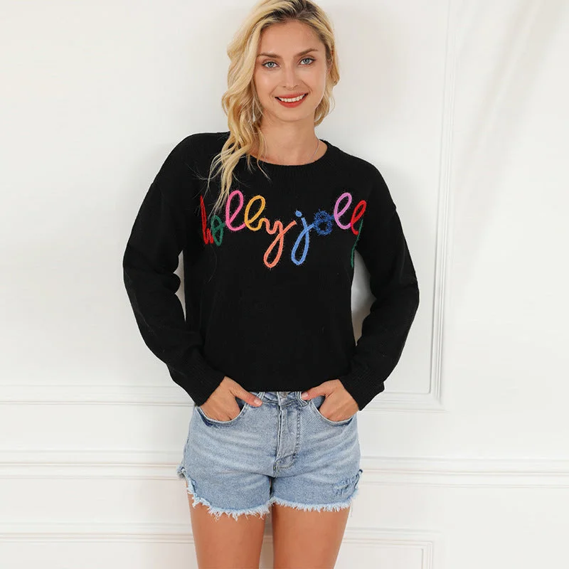 Urban Chic Letter Print Crew Neck Sweater Print Jacquard Patchwork