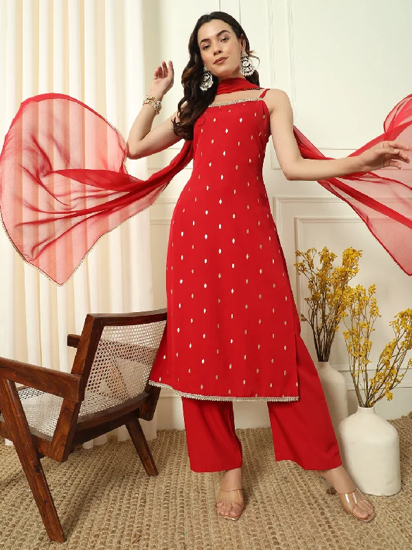 Red Designer Readymade Pant Suit Embroidery Work Modern Bootcut Pants