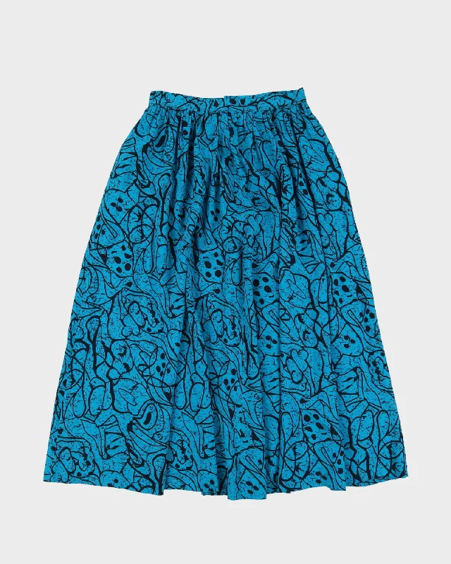 1990s Blue Patterned Midi Skirt - S elastic waist skirt