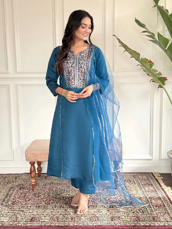 Blue Designer Readymade Pant With Printed Embroidery Work Relaxed High-Waist Trousers Blue Designer Readymade Pant With Printed Embroidery Work Relaxed High-Waist Trousers