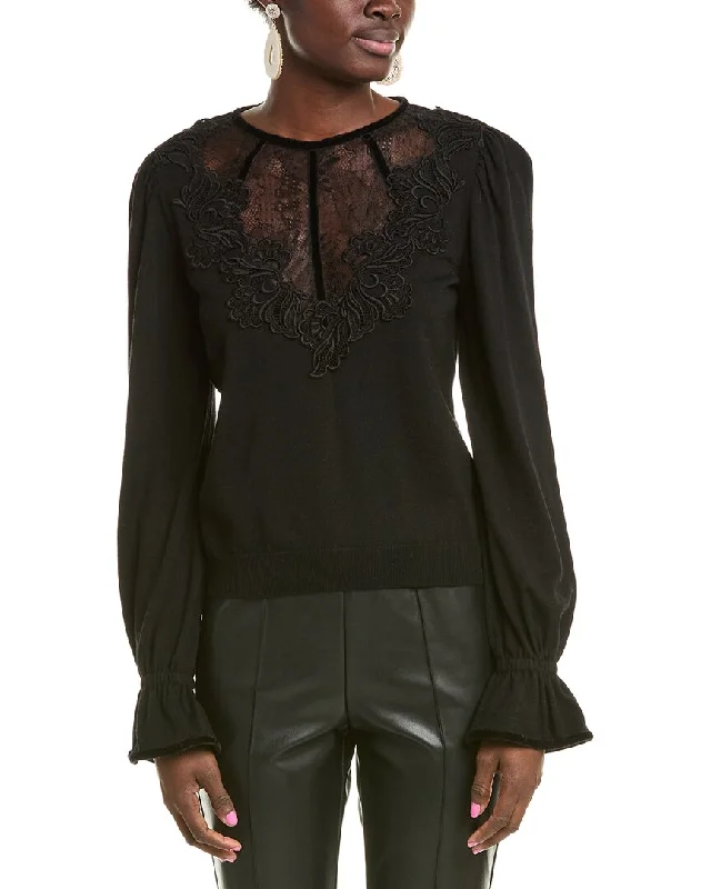 Alberta Ferretti Lace-Trim Wool Sweater Cable Knit Ribbed Knit Lace Knit