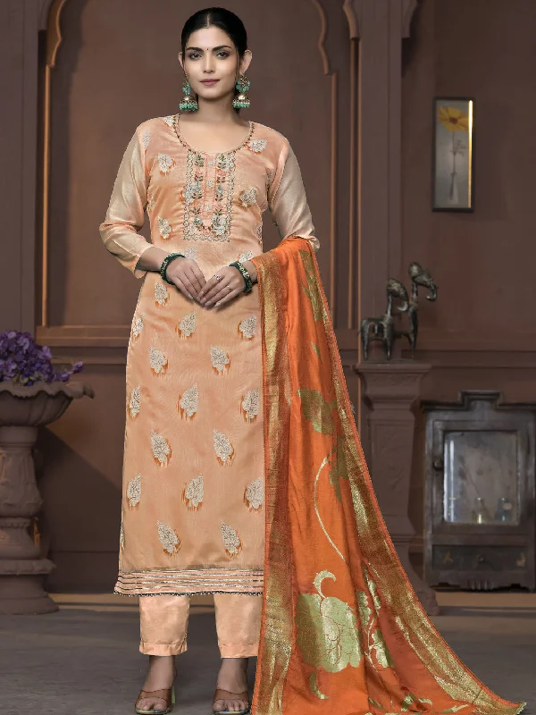 Peach Designer Readymade Pant Suit With Wevon Design Hand Work Modern Stretch Trousers Peach Designer Readymade Pant Suit With Wevon Design Hand Work Modern Stretch Trousers