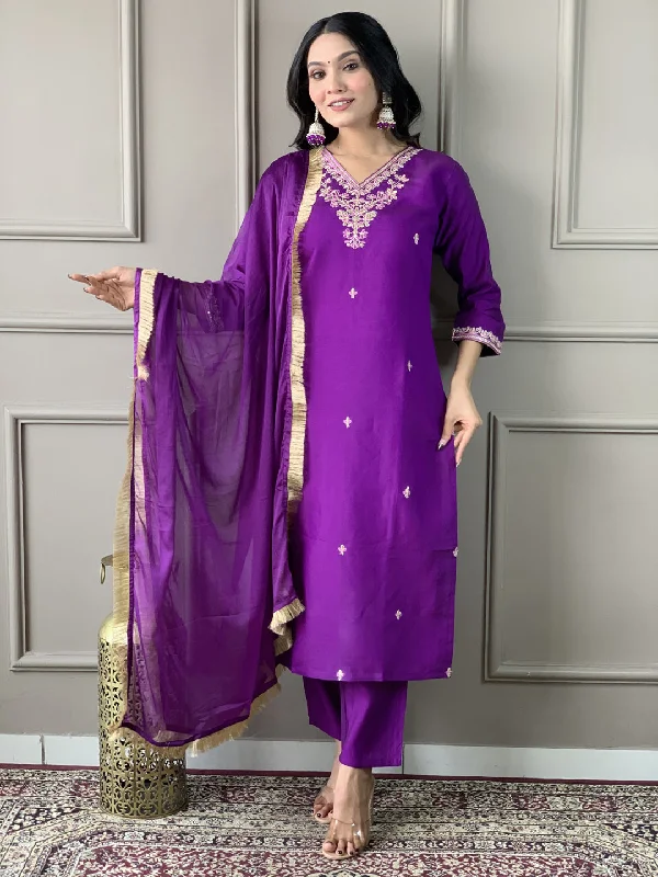 Purple Attractive Looking Redaymade Pant Suit With Designer Embroidery Work Soft Stretch Pants Purple Attractive Looking Redaymade Pant Suit With Designer Embroidery Work Soft Stretch Pants