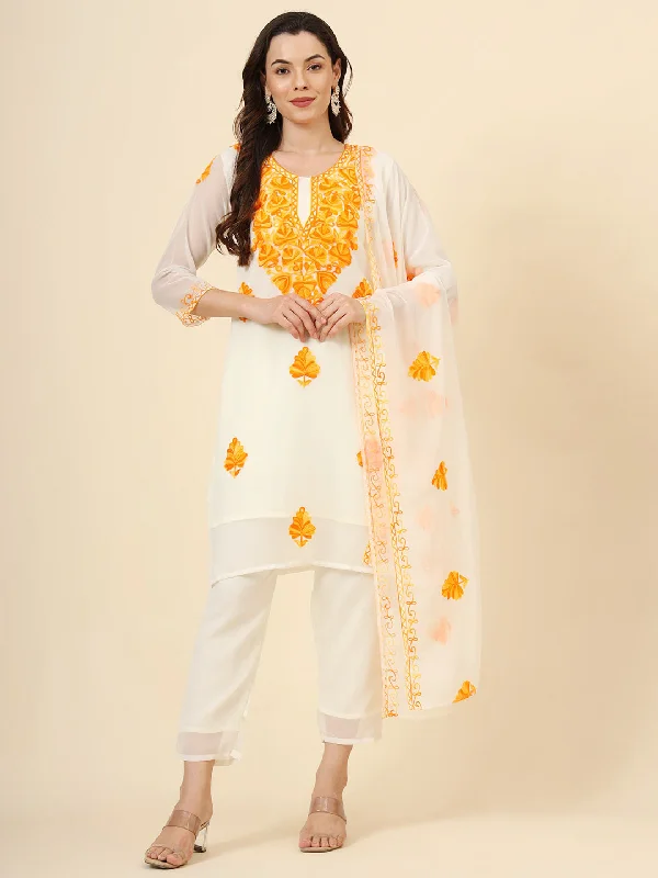 Yellow Designer Attractive Readymade Pant Suit With Chikankari Embroidery Work Relaxed Fit Trousers Yellow Designer Attractive Readymade Pant Suit With Chikankari Embroidery Work Relaxed Fit Trousers