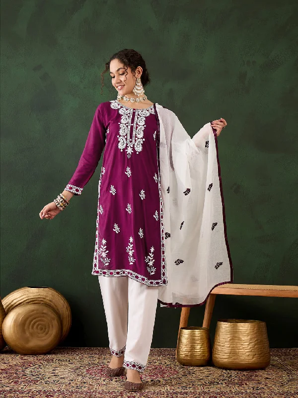 Purple Attractive Looking Pant Suit With Designer Chikankari Embroidery Work Soft Sweatpants Style