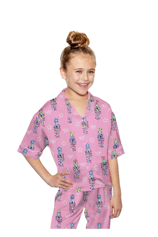 Girls Silky Pink Nutcracker Pajama Pant Set Soft Sweatpants Style