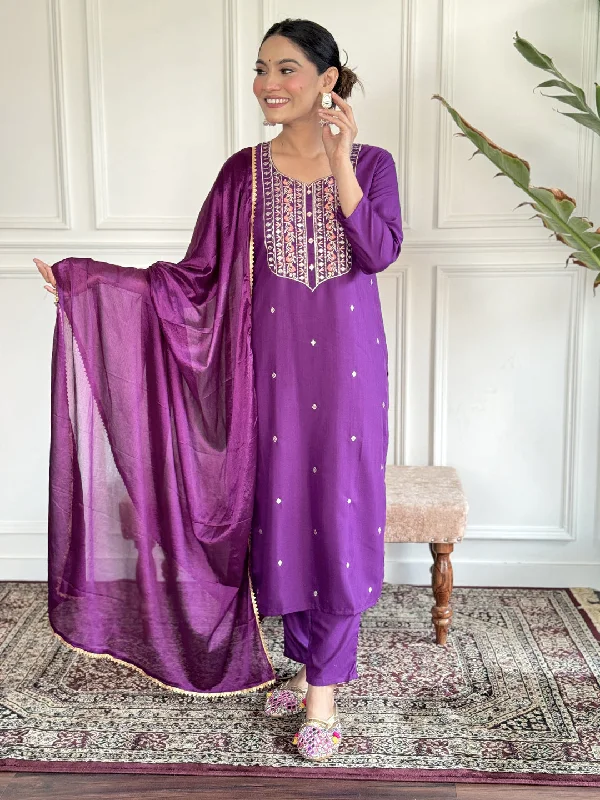 Purple Attractive Looking Readymade Pant Suit With Printed Embroidery Work Slim Fit Casual Pants Purple Attractive Looking Readymade Pant Suit With Printed Embroidery Work Slim Fit Casual Pants