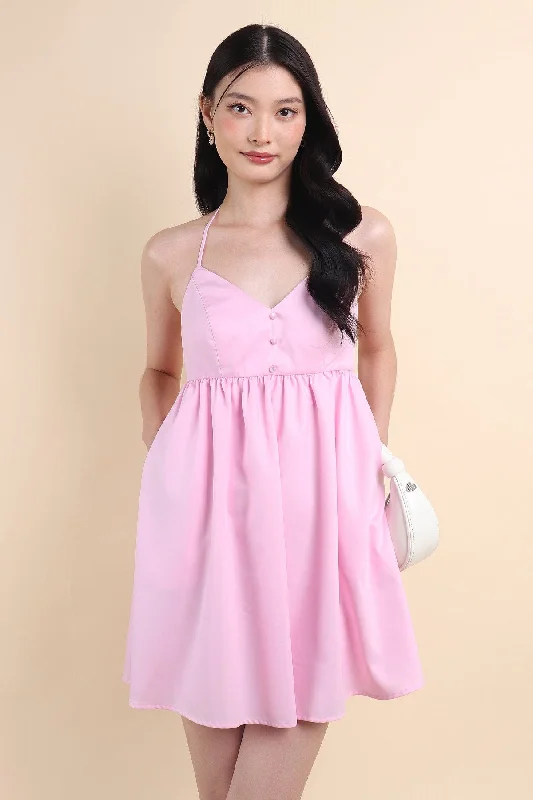 KISSA PADDED HALTER MINI DRESS IN PINK Cozy Jersey Mini Dress