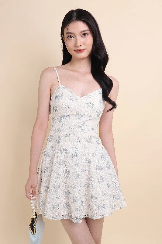 WINSLET FLORAL EYELET PADDED MINI DRESS IN BLUE Casual Mini Dress with Pockets