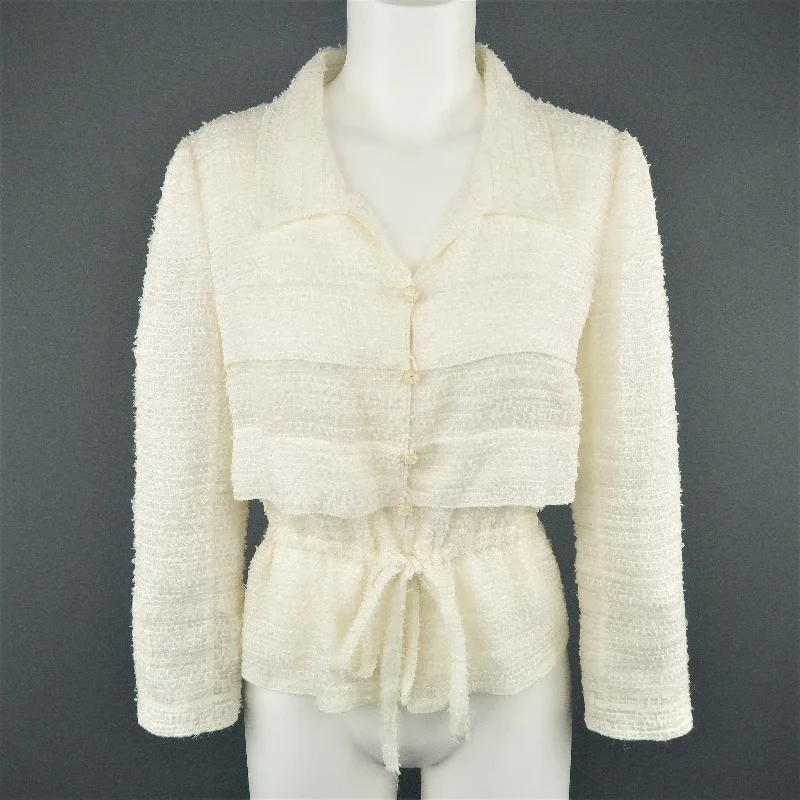 CHANEL Size 6 Cream Textured Silk Blend Drawstring Waist Jacket Corduroy Jacket Velvet Jacket Brocade Jacket CHANEL Size 6 Cream Textured Silk Blend Drawstring Waist Jacket Corduroy Jacket Velvet Jacket Brocade Jacket