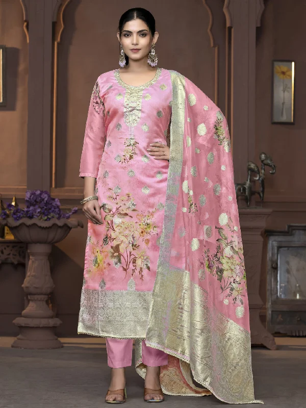 Pink Party Wear Readymade Pant Suit With Wevon Designer Printed Hand Work Lightweight Linen Pants Pink Party Wear Readymade Pant Suit With Wevon Designer Printed Hand Work Lightweight Linen Pants