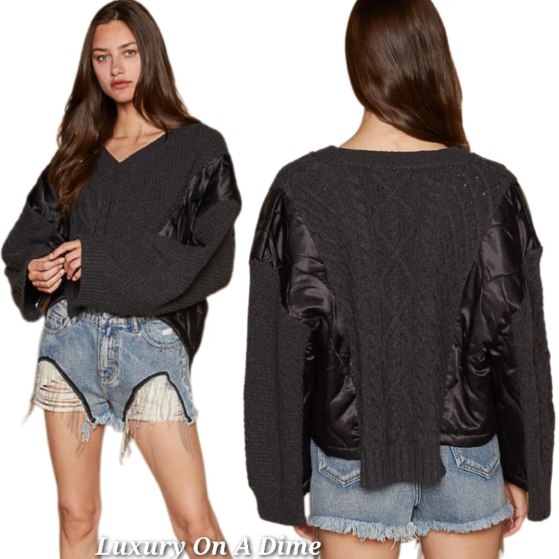 POL Quilted Waffle Cable Knit Patchwork High-low Top Long Sleeve Crop Sweater Sweater Knitwear Pullover POL Quilted Waffle Cable Knit Patchwork High-low Top Long Sleeve Crop Sweater Sweater Knitwear Pullover