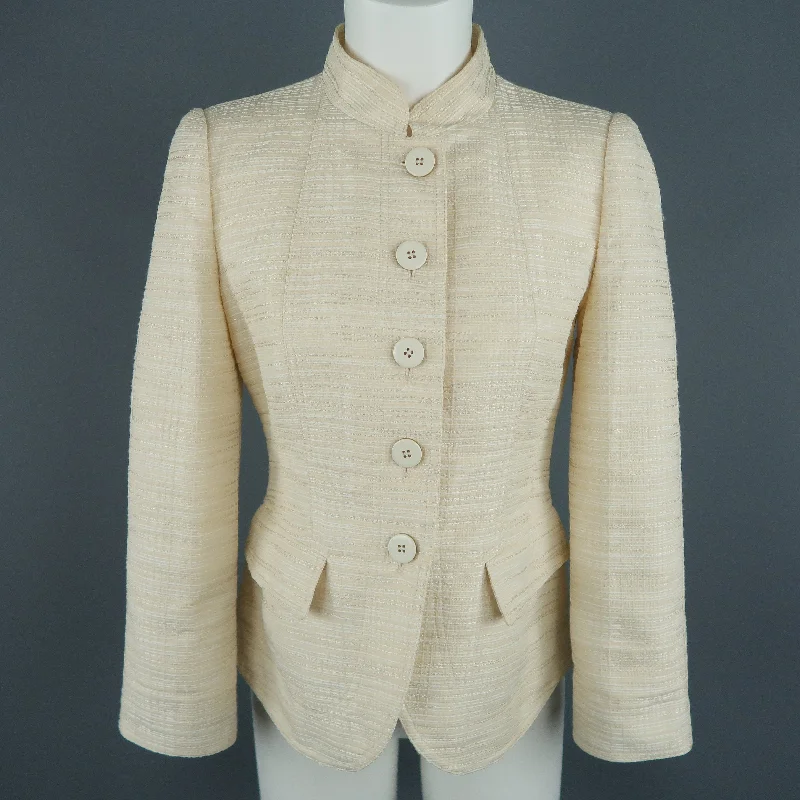 ARMANI COLLEZIONI Size 6 Cream Textured Cotton Blend Mandarin Collar Jacket Zippered Jacket Buttoned Jacket Snapped Jacket ARMANI COLLEZIONI Size 6 Cream Textured Cotton Blend Mandarin Collar Jacket Zippered Jacket Buttoned Jacket Snapped Jacket