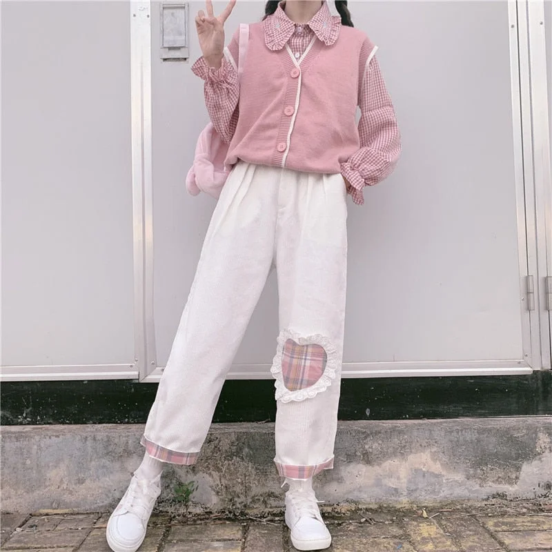 Japanese Harajuku Wild Cute Soft sister Casual Corduroy Kawaii Straight Pants Teen Girls Love Heart Patch Loose Students Pants Comfortable Denim Pants Japanese Harajuku Wild Cute Soft sister Casual Corduroy Kawaii Straight Pants Teen Girls Love Heart Patch Loose Students Pants Comfortable Denim Pants