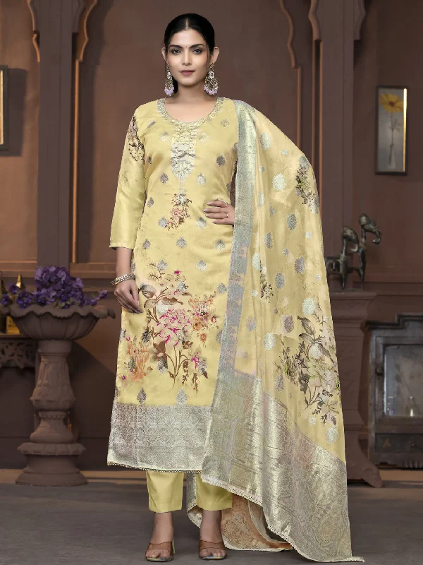 Yellow Party Wear Readymade Pant Suit With Wevon Designer Printed Hand Work Trendy Palazzo Pants Yellow Party Wear Readymade Pant Suit With Wevon Designer Printed Hand Work Trendy Palazzo Pants